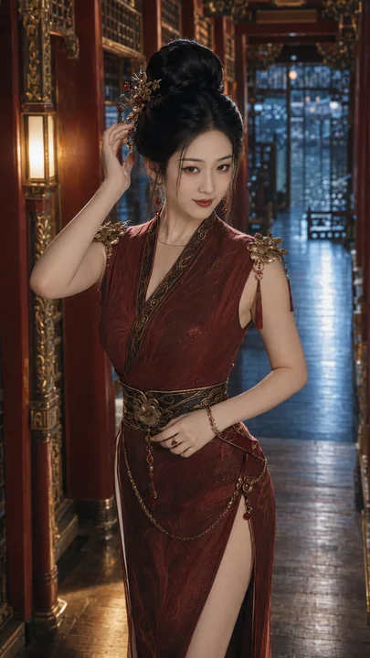 绝代佳人西施响屐廊暗红舞服摄影