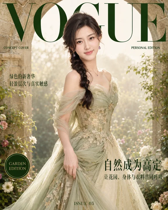 晨曦花园中的鼠尾草绿高定杂志封面