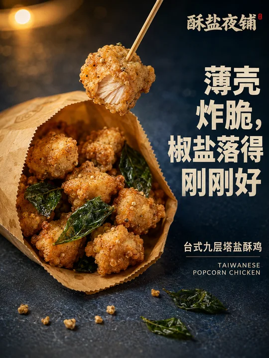 酥盐夜铺台式九层塔盐酥鸡微距海报