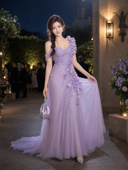 月光紫高定礼服花园晚宴回眸全身人像