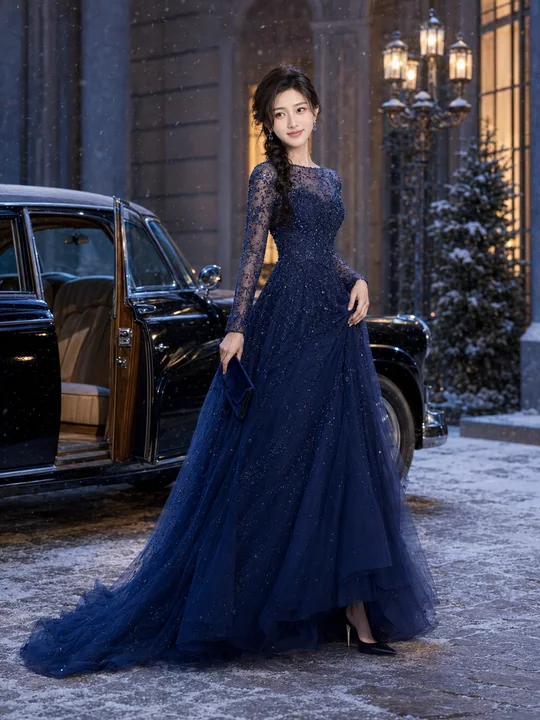 冬夜宫廷舞会午夜蓝礼服绝美回眸