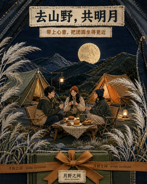 织绣拼贴风中秋露营月野之间商业插画