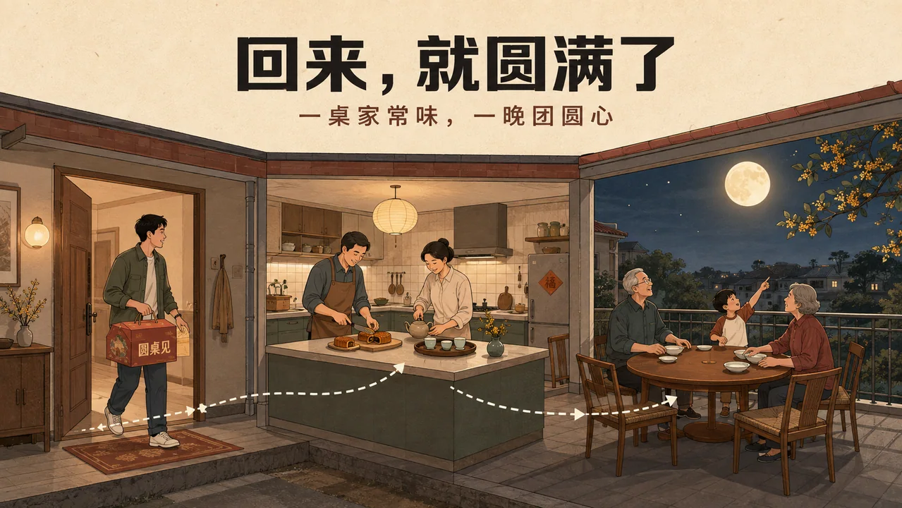 圆桌见中秋家宴剖面叙事插画