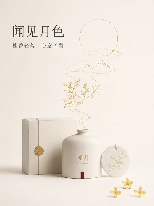 闻见月色:中秋极简线性美学香氛商业插画