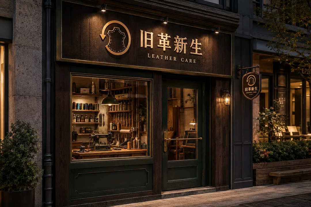 匠心独运的旧革新生皮具修护工作室门头