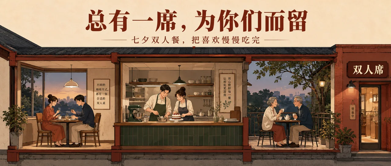 七夕双人席建筑剖面叙事商业插画