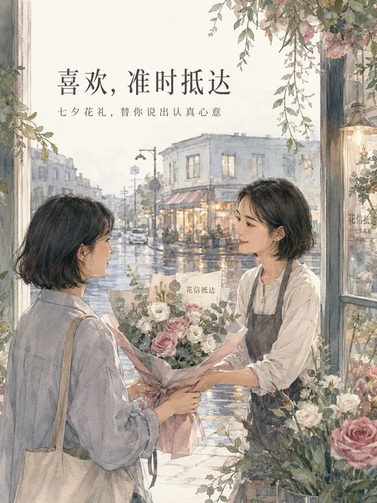 喜欢无需盛大也会准时抵达七夕花礼插画