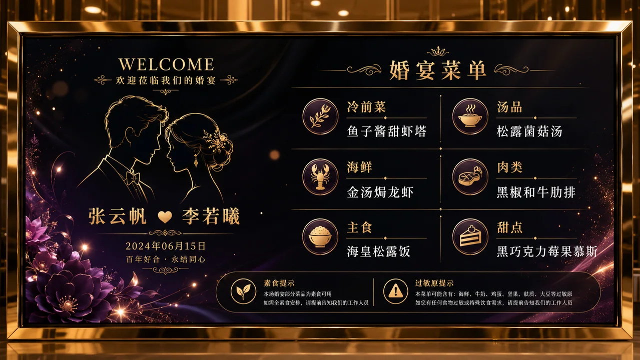 奢华晚宴黑金婚礼数字迎宾屏菜单