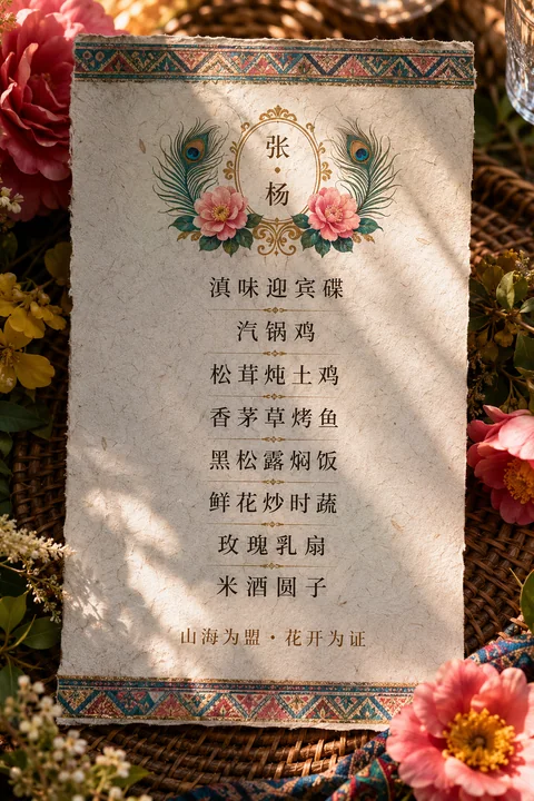 云南民族风花园婚礼艺术菜单设计