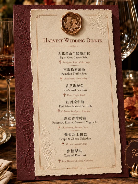 勃艮第红秋日酒庄婚礼菜单设计