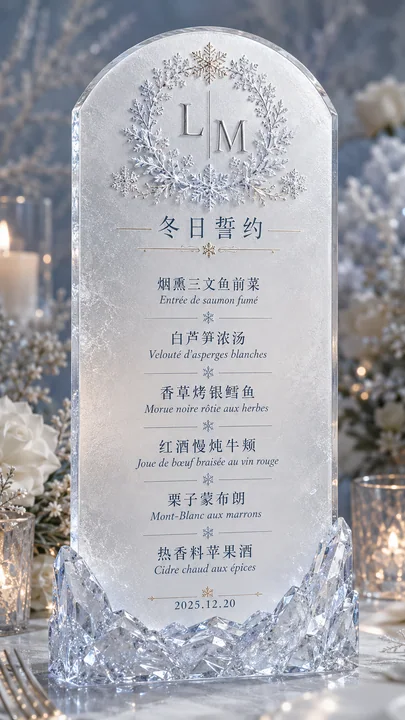 梦幻冰雪婚礼亚克力磨砂质感菜单设计