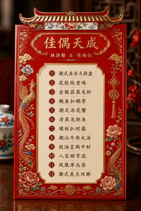 潮汕传统中式婚宴红金漆面菜单设计