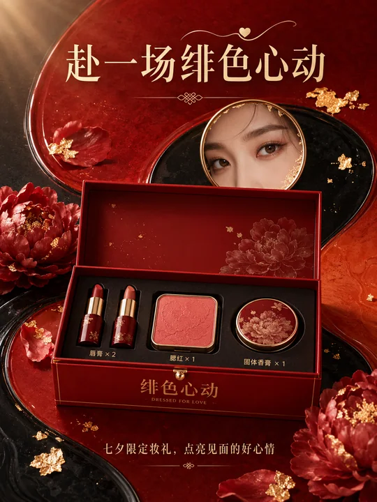绯色心动七夕限定漆艺美妆礼盒插画