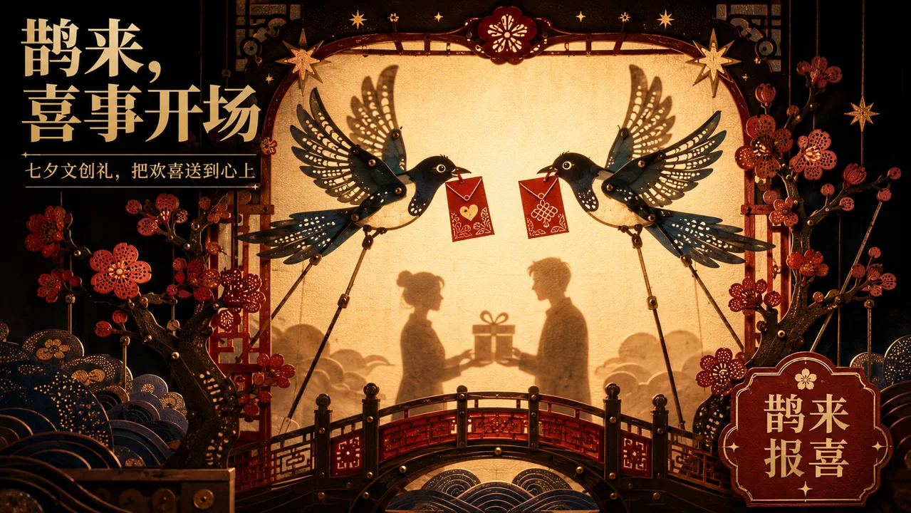 鹊来报喜：现代皮影戏七夕文创商业插画