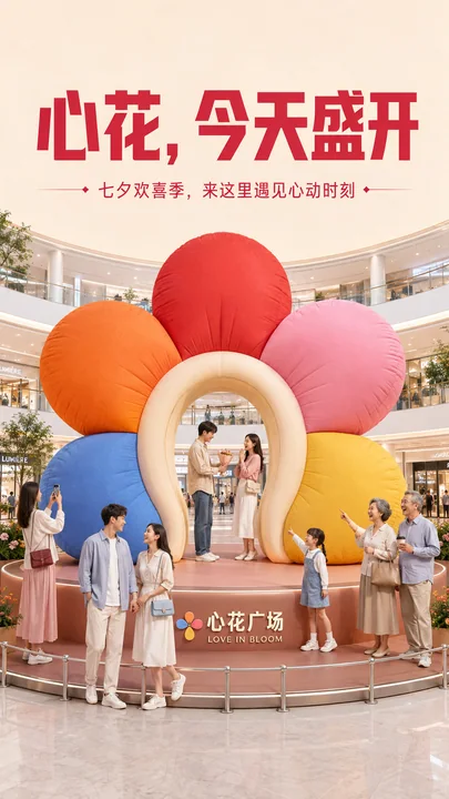 七夕心花广场中庭大型充气花朵美陈插画