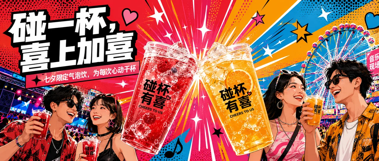 波普漫画风七夕限定气泡饮商业海报