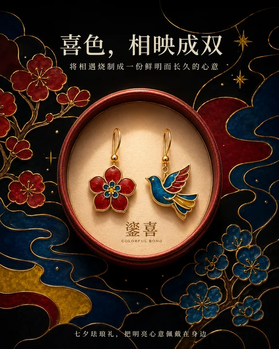 鎏喜七夕：掐丝珐琅工艺耳饰商业插画