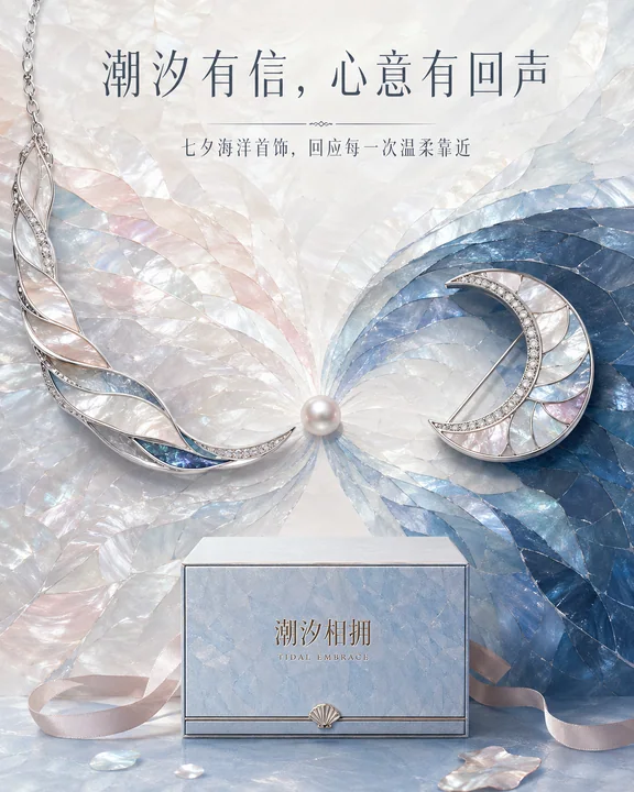 潮汐相拥：七夕海洋灵感珍珠母贝商业插画