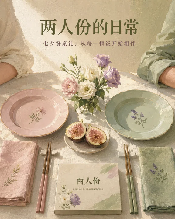 两人份的浪漫日常：水粉风格餐具商业插画