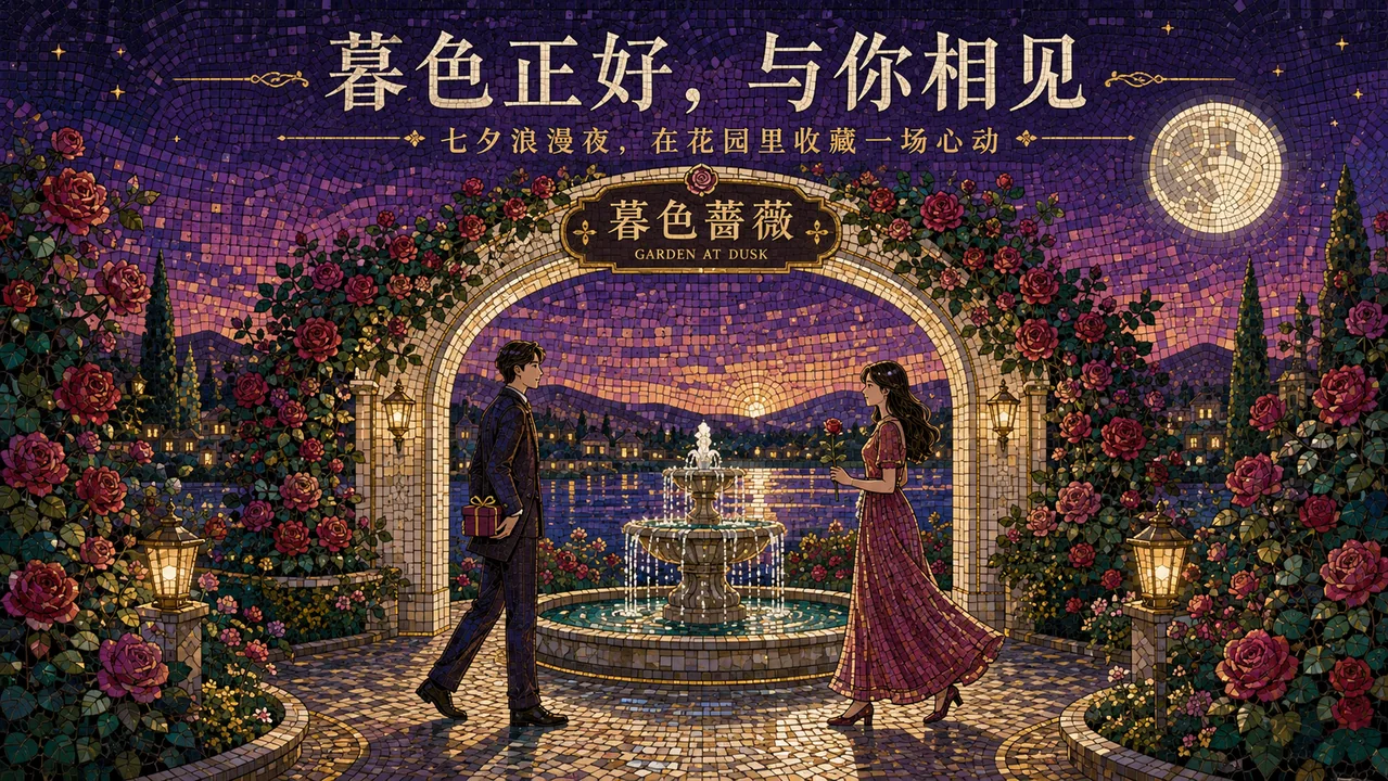 暮色蔷薇七夕花园约会马赛克壁画插画