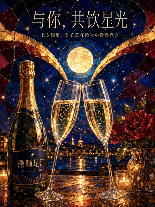 唯美微醺星河彩色玻璃七夕插画