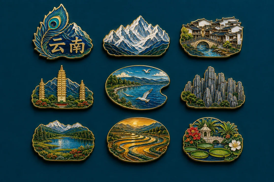云南胜景景泰蓝掐丝珐琅九宫格冰箱贴