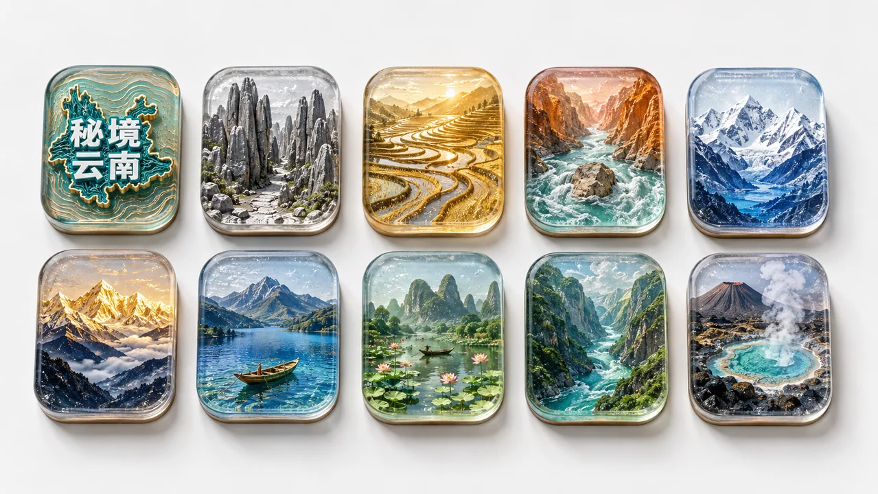 秘境云南:全套十枚自然奇观树脂工艺冰箱贴