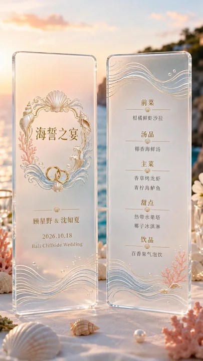 浪漫海岛亚克力半透明磨砂婚礼菜单