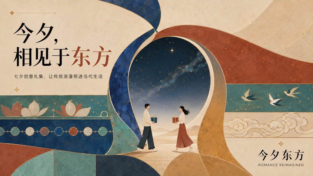 敦煌色彩与现代几何构成的七夕视觉设计