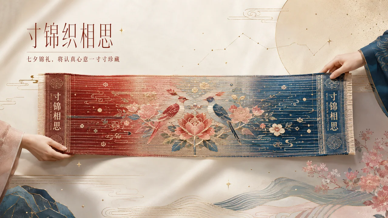 经纬交织寸锦相思七夕高端丝绸插画