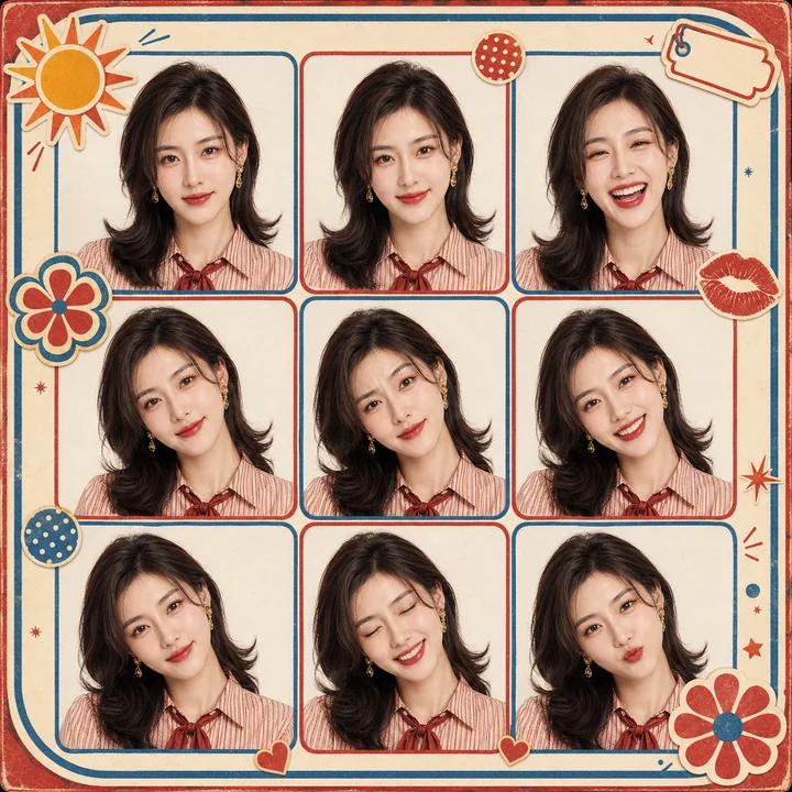 复古红蓝奶油九宫格：绝美情绪人像大头贴