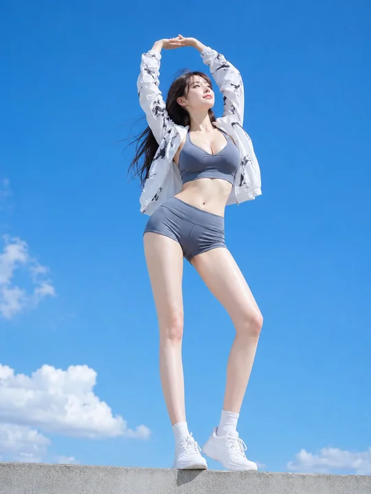 向蓝天伸展白袖的运动装女性仰拍