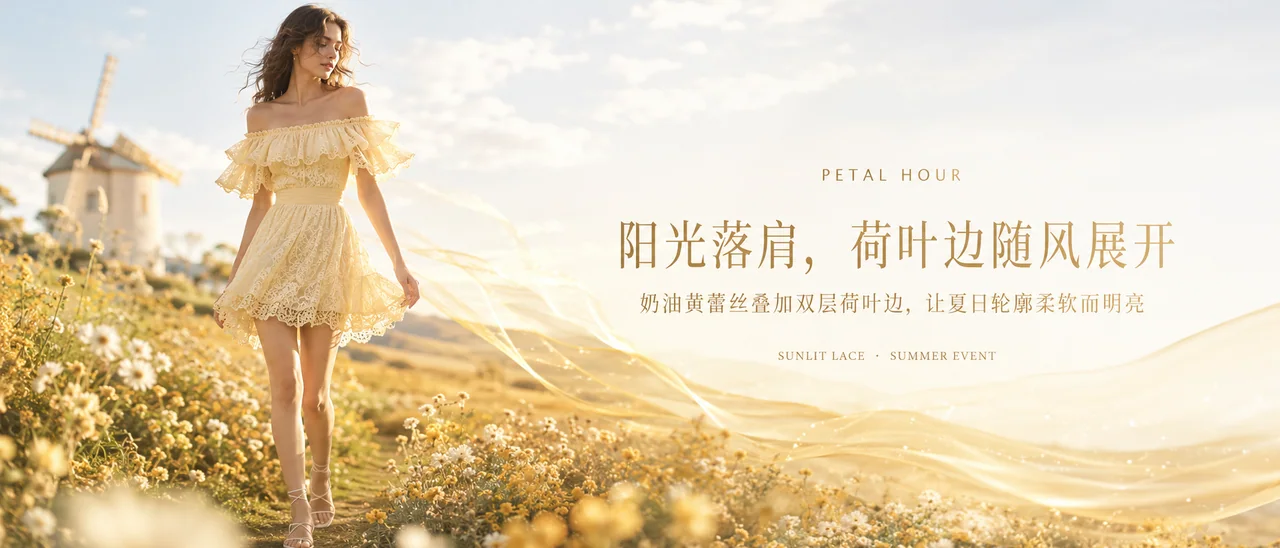 奶油黄蕾丝荷叶边裙夏日品牌视觉大图