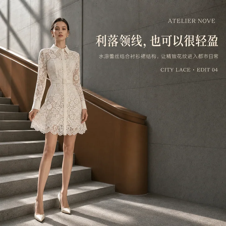 象牙白水溶蕾丝衬衫裙都市品牌视觉图