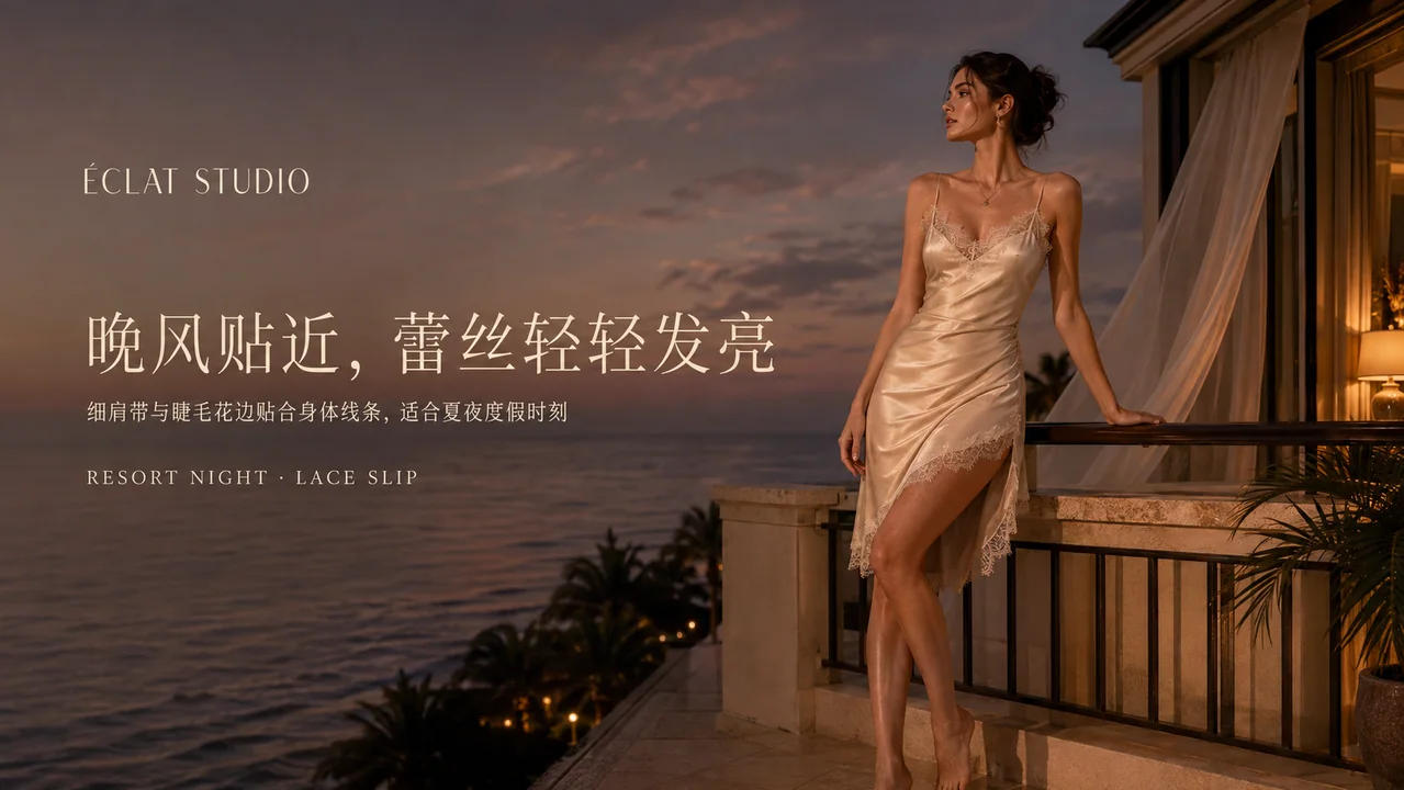 香槟色蕾丝吊带裙夏夜度假品牌视觉图