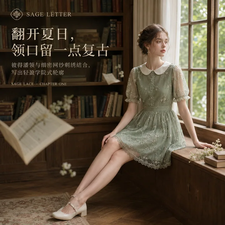 鼠尾草绿彼得潘领复古蕾丝学院感品牌大片