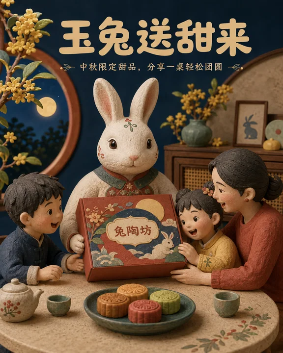 中秋限定泥塑风插画:兔陶坊玉兔送甜来