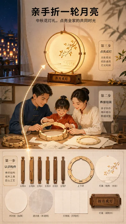 中秋榫卯花灯手作亲子商业插画