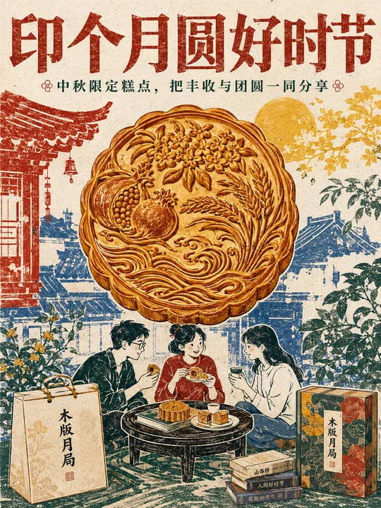 木版水印风格中秋糕点商业插画设计