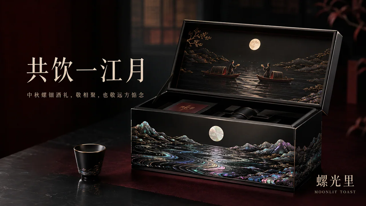 螺钿漆艺中秋酒礼盒极简商业插画