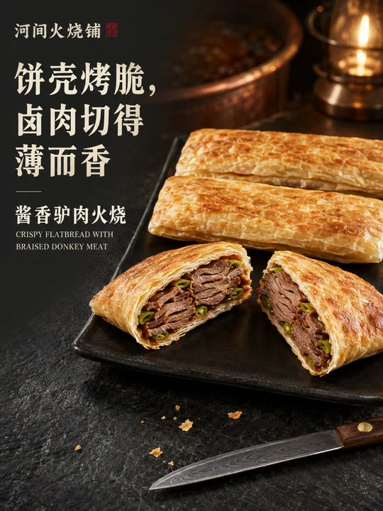 酱香河间驴肉火烧中式小吃商业海报