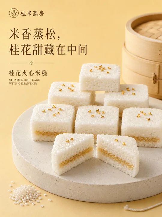 桂米蒸房品牌海报:微距下的桂花夹心米糕