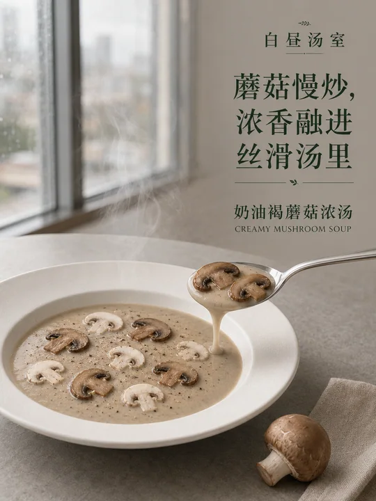 窗边午后的丝滑奶油蘑菇浓汤海报