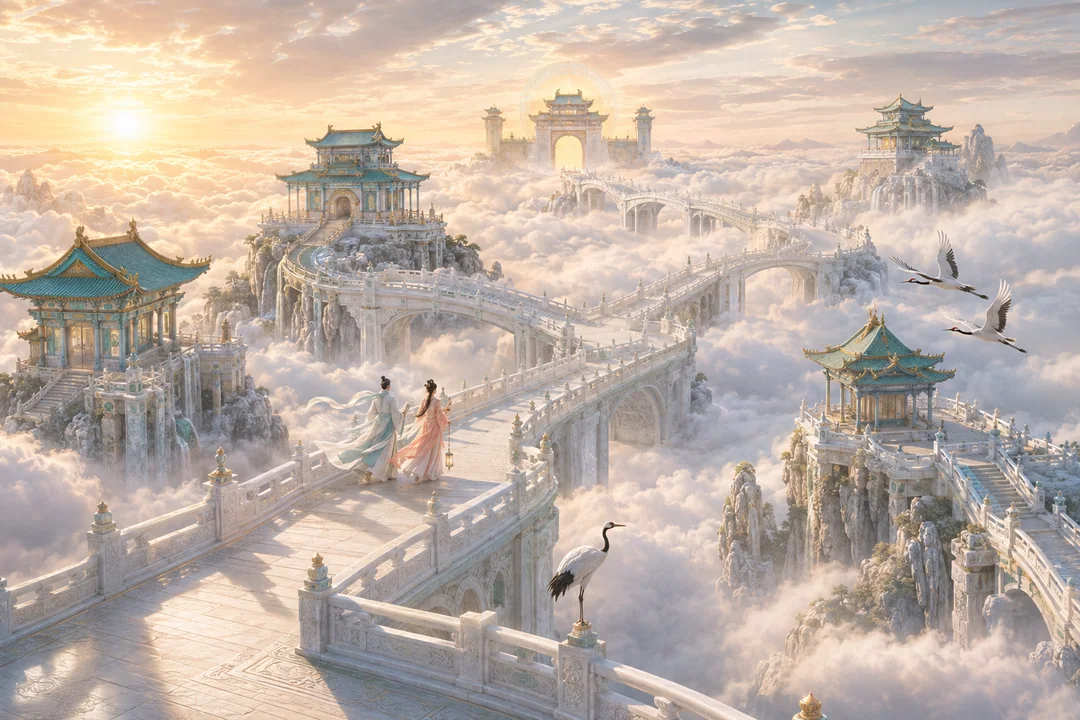 九重云海间白玉仙桥与青碧天宫盛景