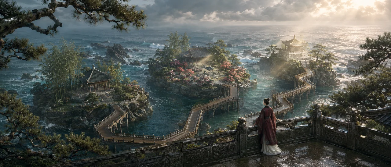 北宋界画风雨后初晴海岛园林俯瞰图