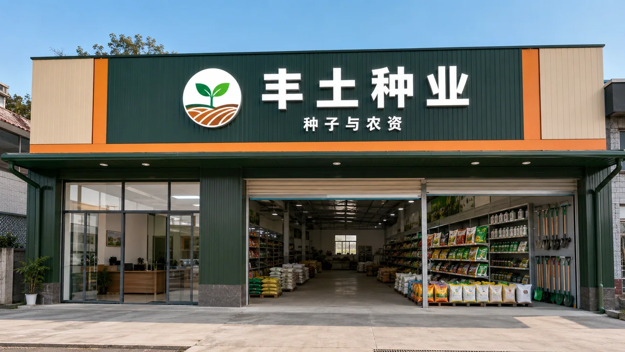 现代务实风格丰土种业农资店门头设计