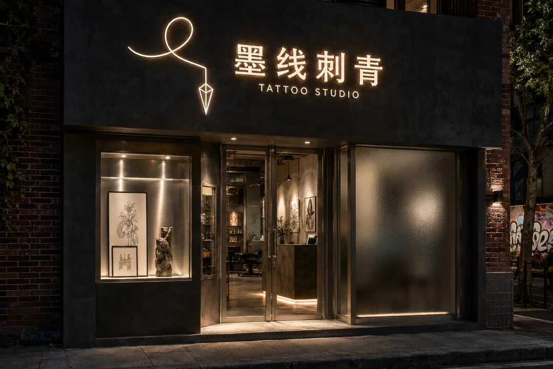 墨线刺青：极简工业风独立艺术纹身工作室门头
