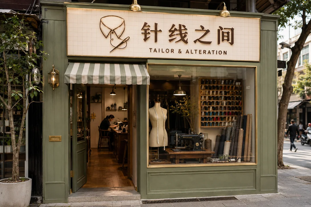 城市街角午后的针线之间裁缝店