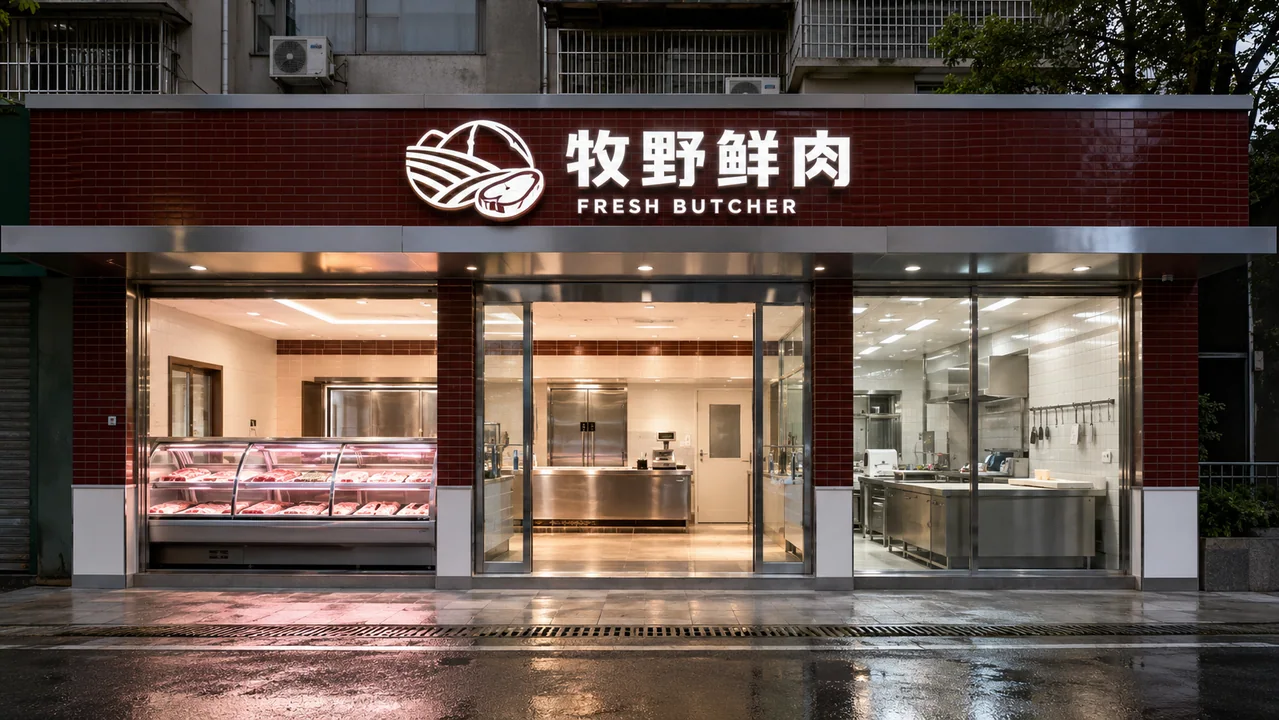 牧野鲜肉现代新式生鲜肉铺门头设计