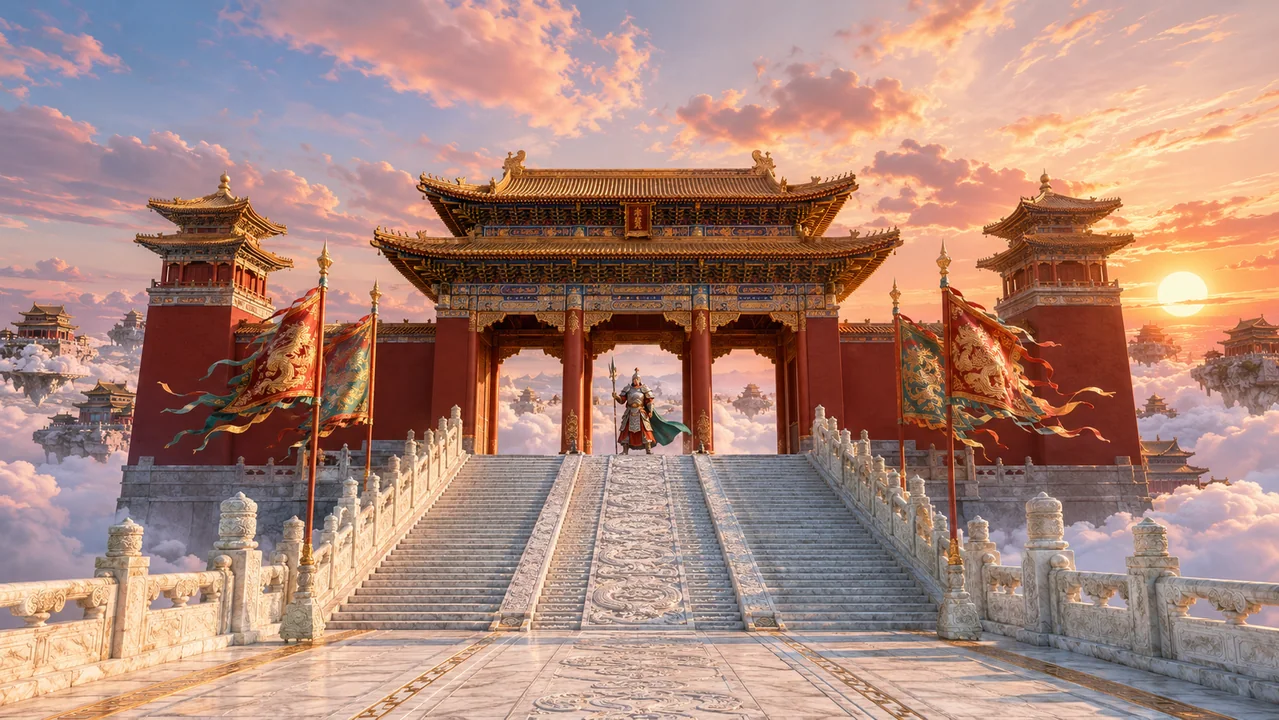 霞光西天门落日巡云东方天宫全景